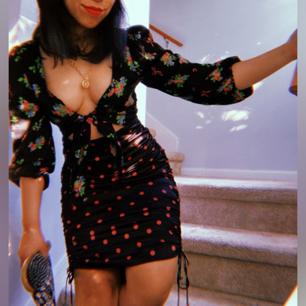 For Love & Lemons Wilson Mixed Print Dress in Black Multi NWT Medium Retro